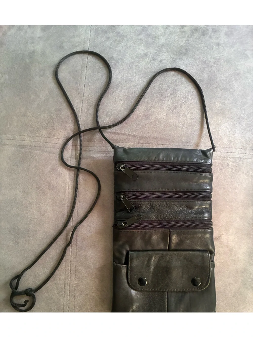 Black Leather Crossbody Travel Wallet - Slim Multi-Zip Design